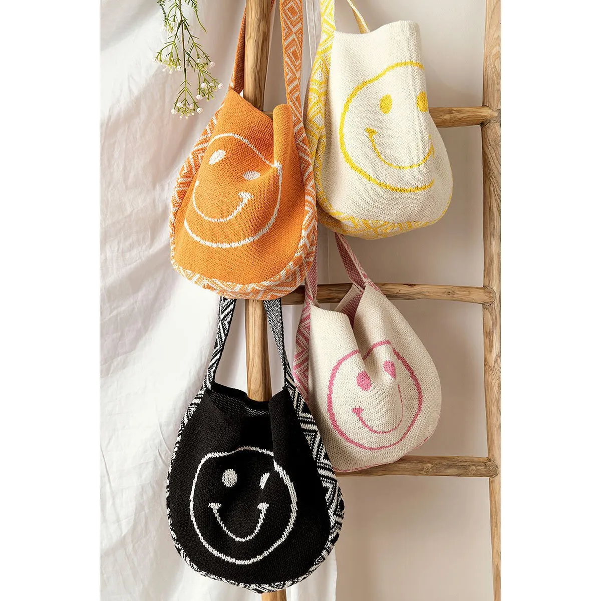 90's Smiles Woven Bag in Cream & Yellow