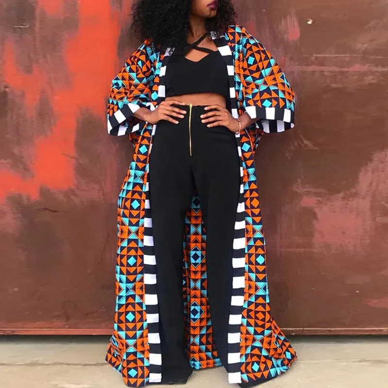 Africa Print Long Sleeve Causal Trench Coat