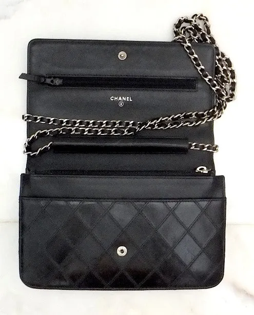 Authentic Chanel Blk Quilted Wallet On Chain (WOC) Handbag