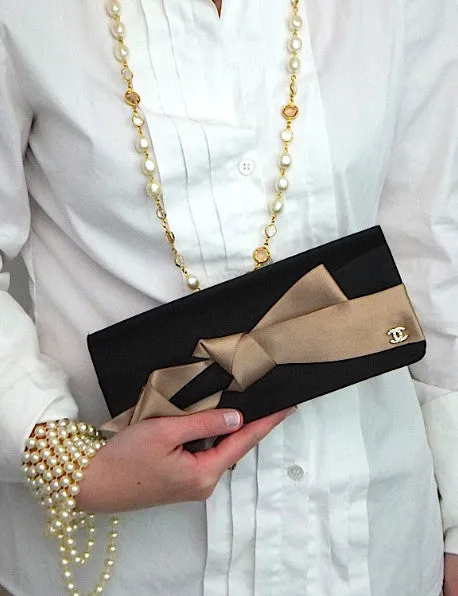 Authentic Chanel Satin Tan & Black Bow Clutch