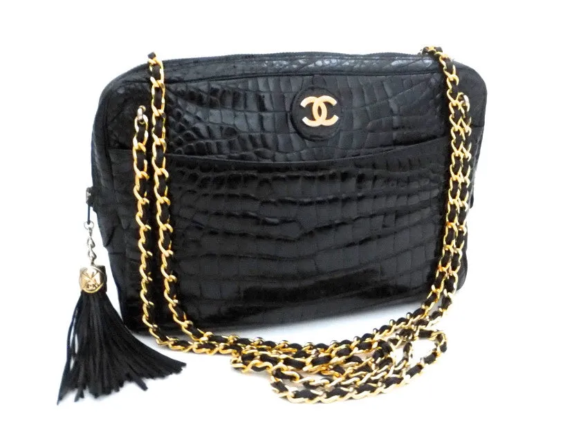 Authentic Chanel Vintage Black Alligator Camera Handbag