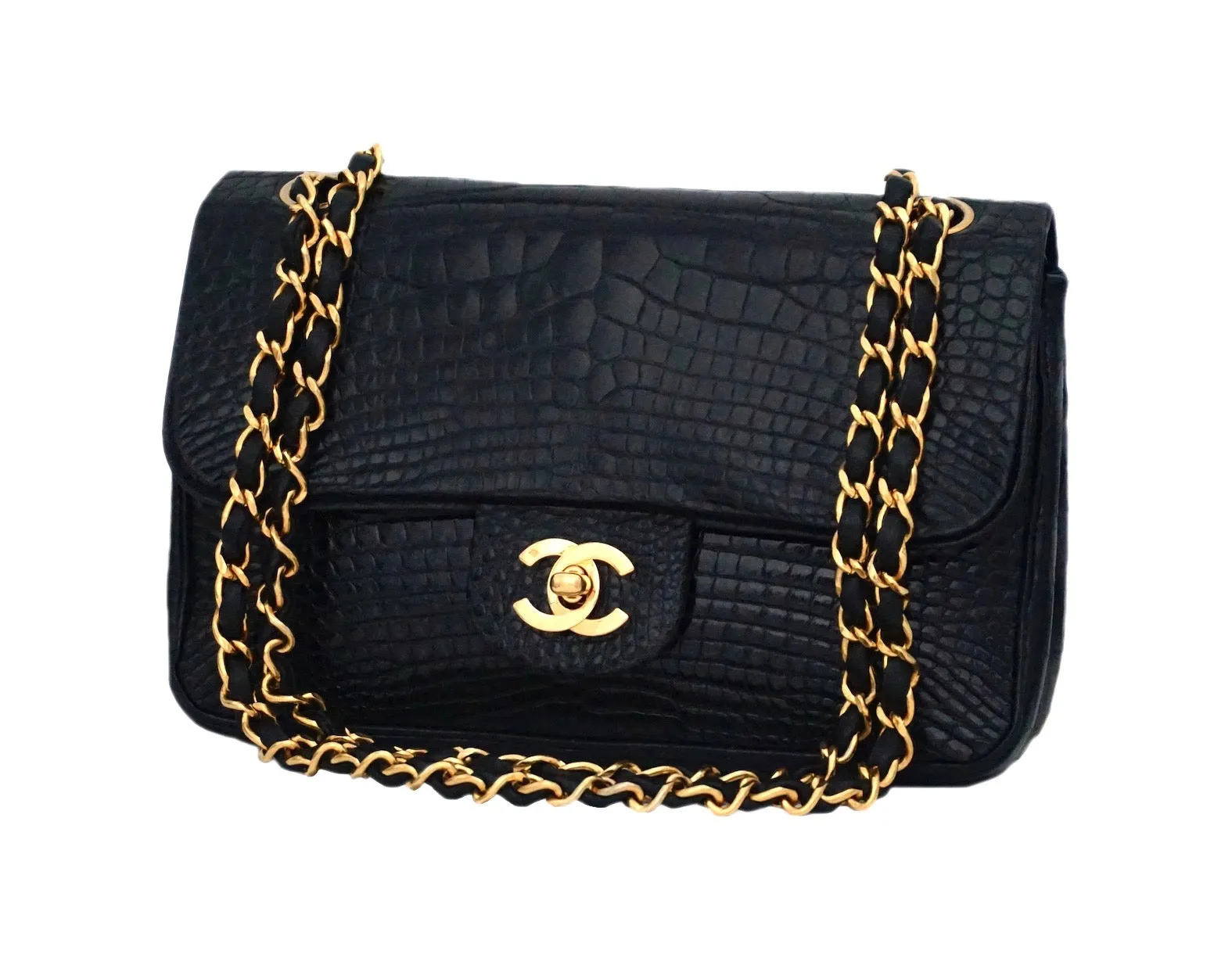 Authentic Chanel Vintage Black Alligator/ Crocodile 2.55 9” Flap Handbag