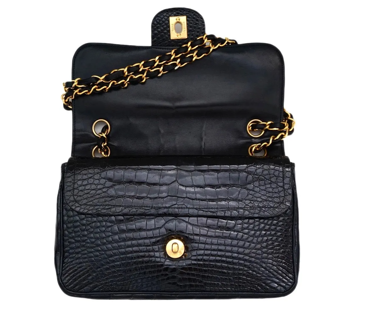 Authentic Chanel Vintage Black Alligator/ Crocodile 2.55 9” Flap Handbag