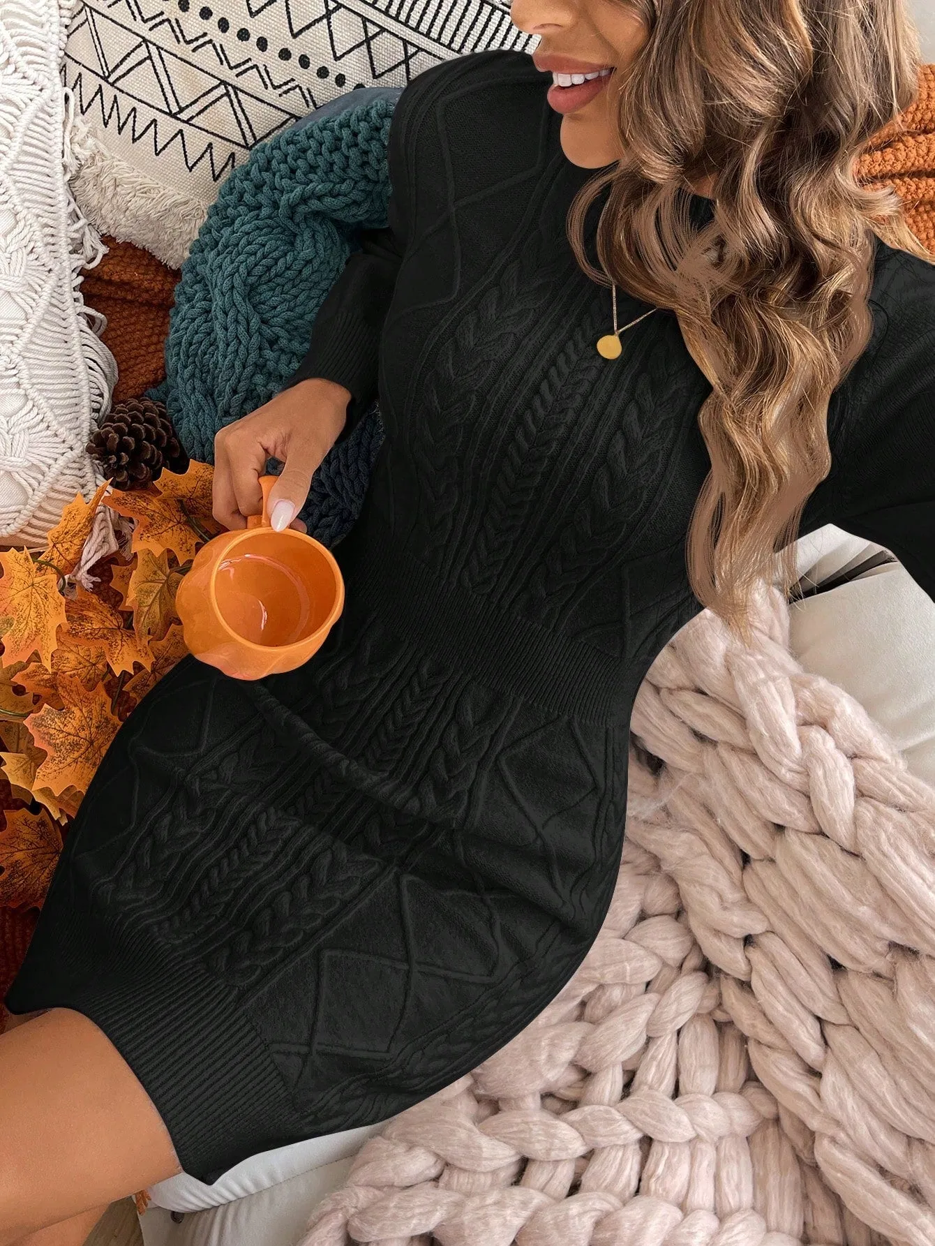 AZAM Solid Color Fitted Slim Knit Sweater Dress