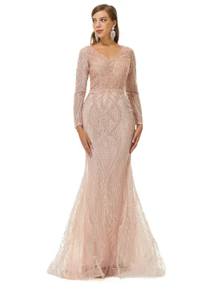 Ballbella Design | Sparkle Beaded Mermaid V-neck Long sleeves Prom Dresses