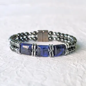 Black/Silver Hematite & Sodalite Gemstone Magnetic Bracelet for Pain