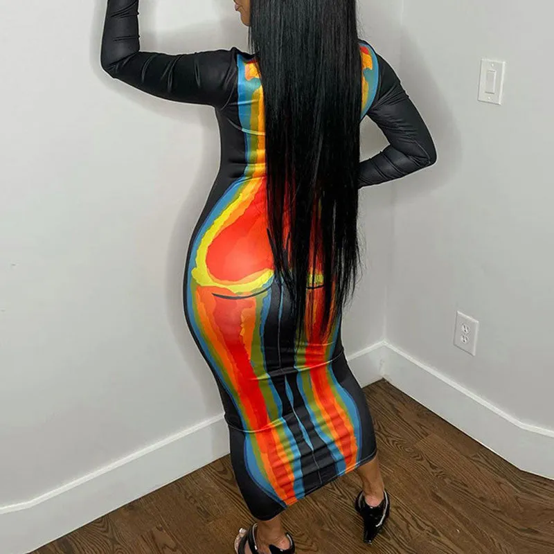 Colorblcok Print Long Sleeve Maxi Dress