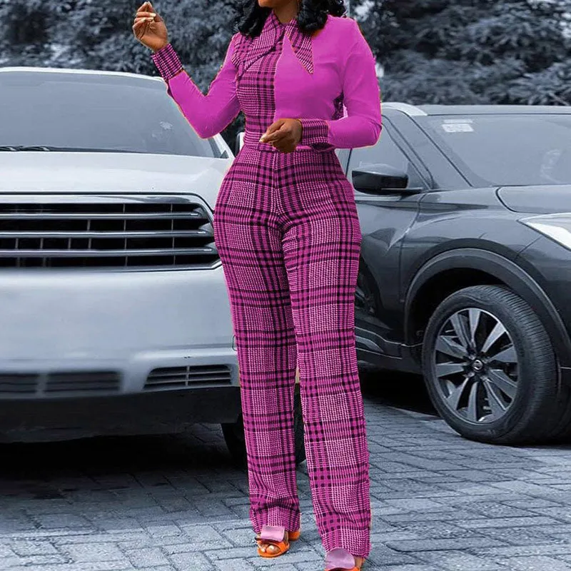 Colorblock Plaid Long Sleeve Jumpsuit