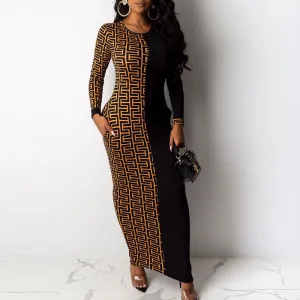 Colorblock Print Long Sleeve Maxi Dress