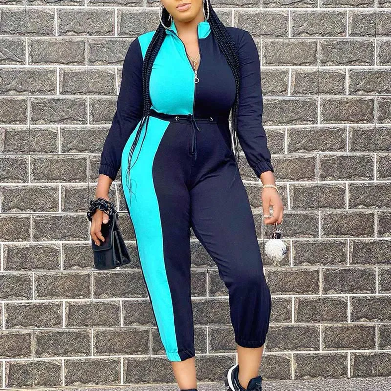 Contrast Long Sleeve Zipper Design Drawstring Jumpsuit