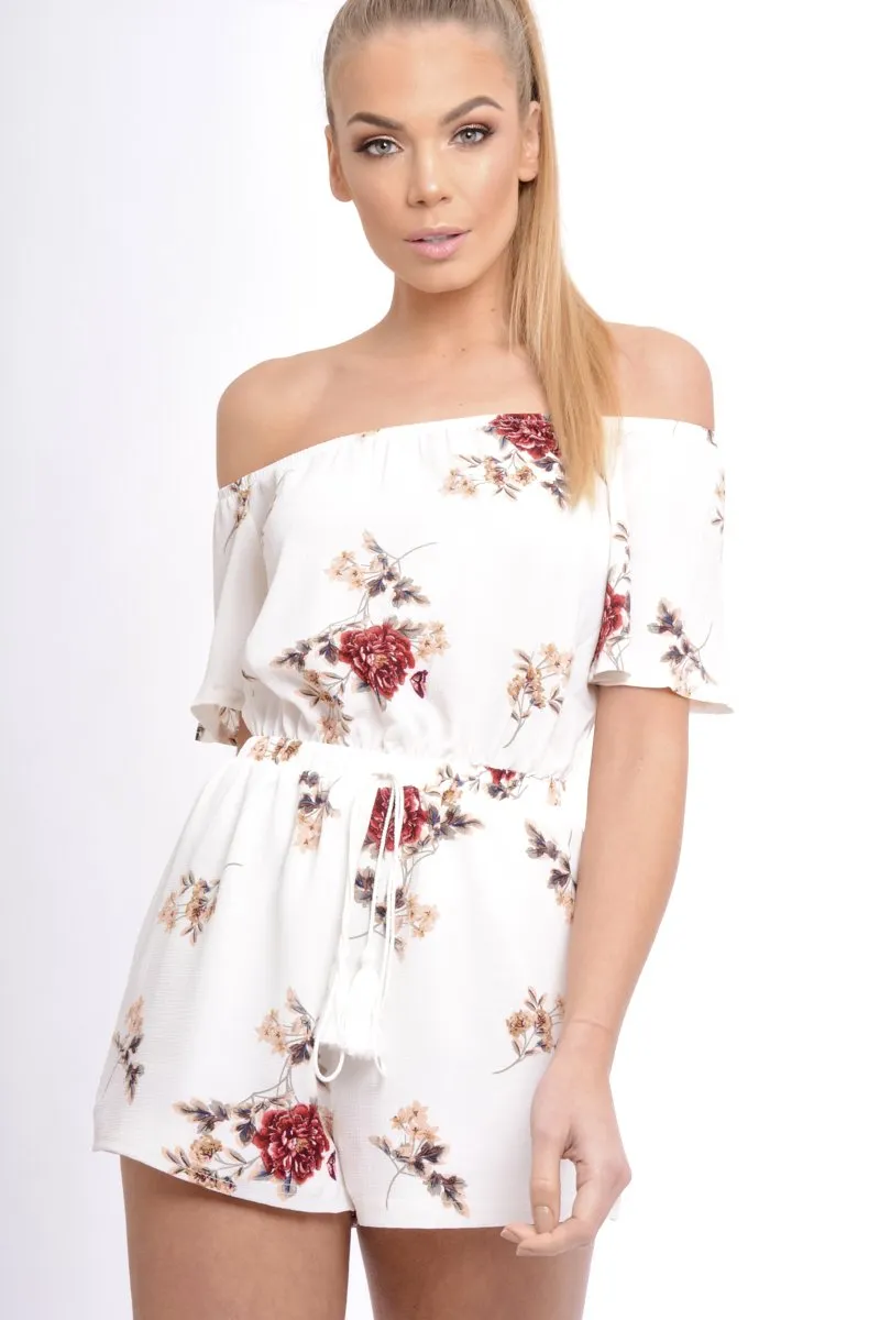 Cream Bardot Floral Tassel Playsuit - Keren