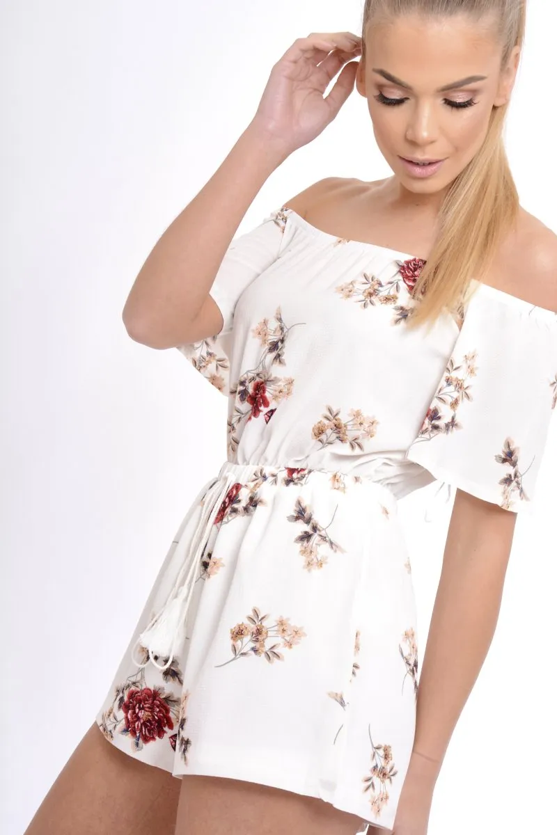 Cream Bardot Floral Tassel Playsuit - Keren