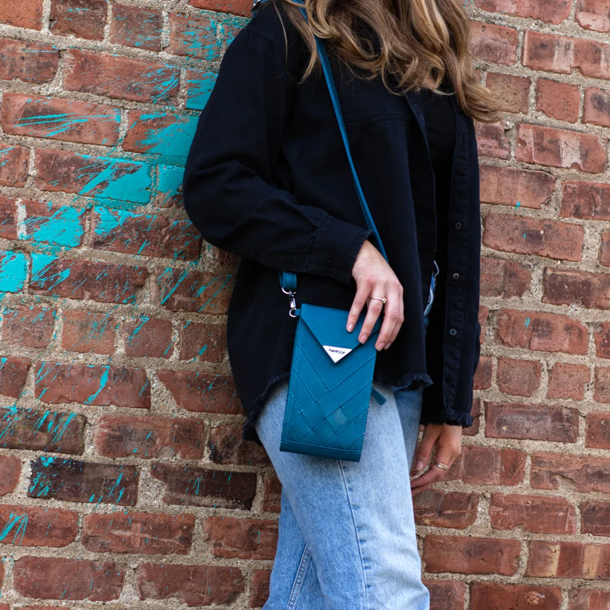 Criss-Cross Genuine Leather Prussian Blue Crossbody Handbag