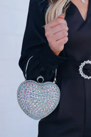 Fancy Heart AB Crystal Clutch - Silver