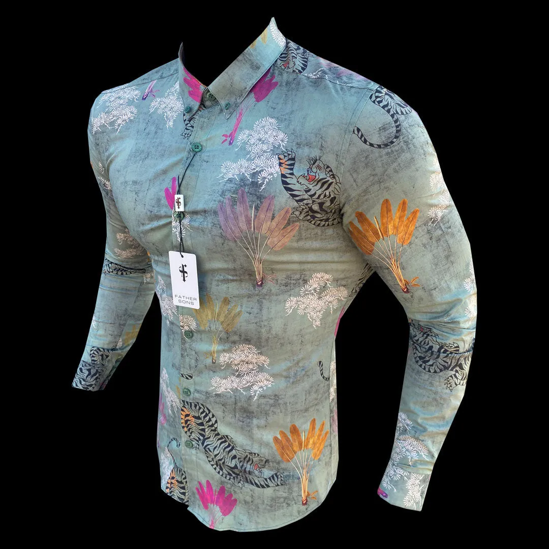 Father Sons Super Slim Stretch Green Tiger Print Long Sleeve with Button Down Collar - FS802