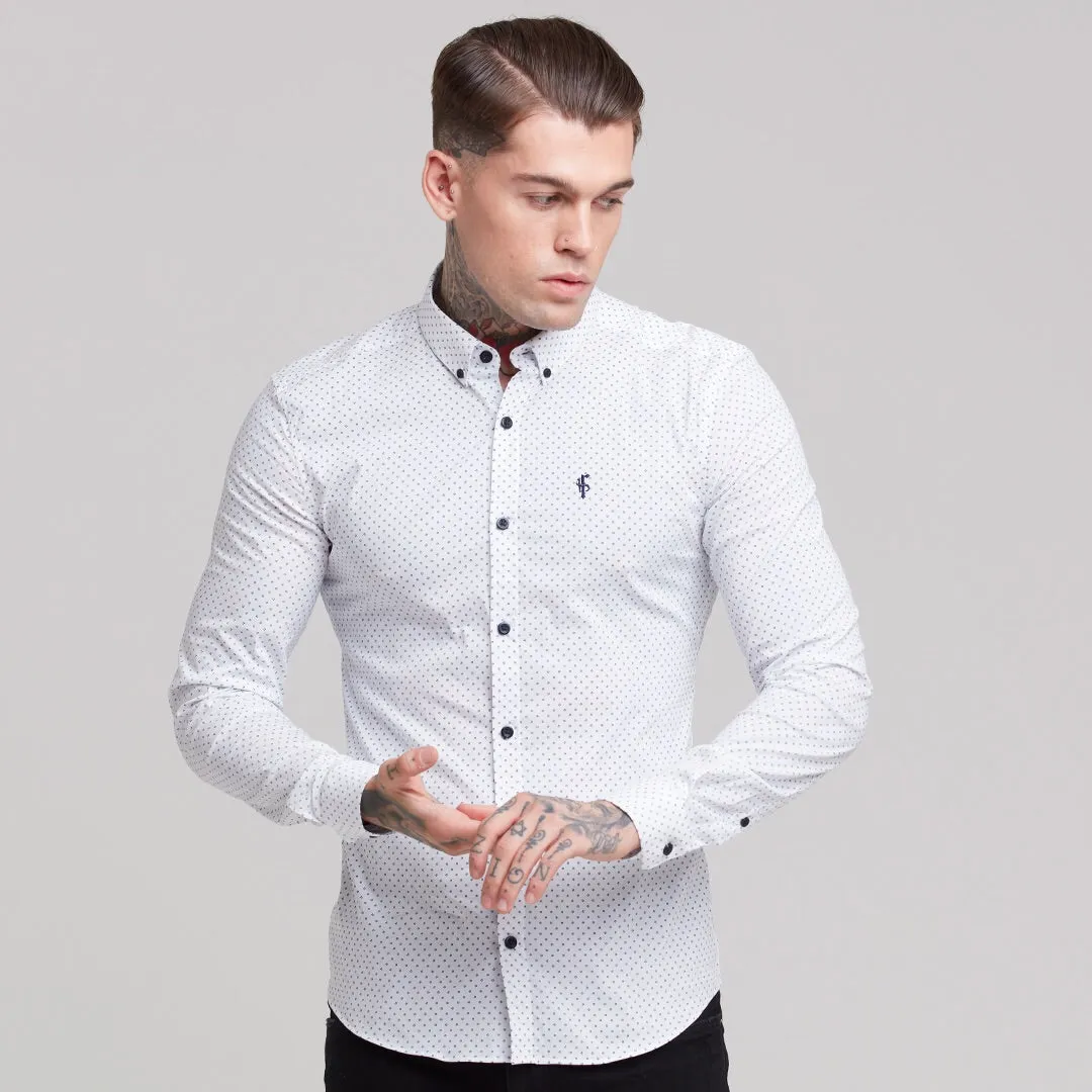 Father Sons Super Slim Stretch White & Navy Ditsy Print Long Sleeve FS415
