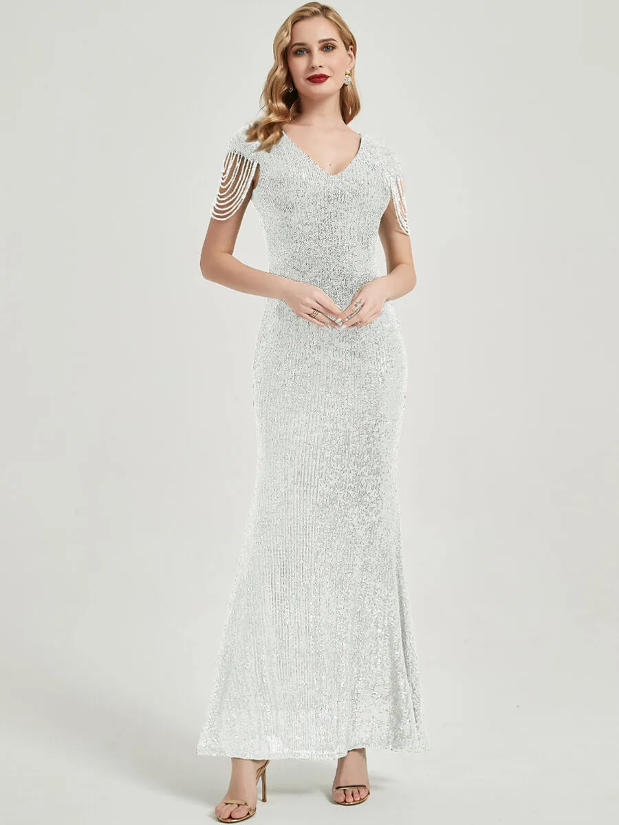 [Final Sale] Apricot Grey Beading Sleeves Sequin Mermaid Formal Gown