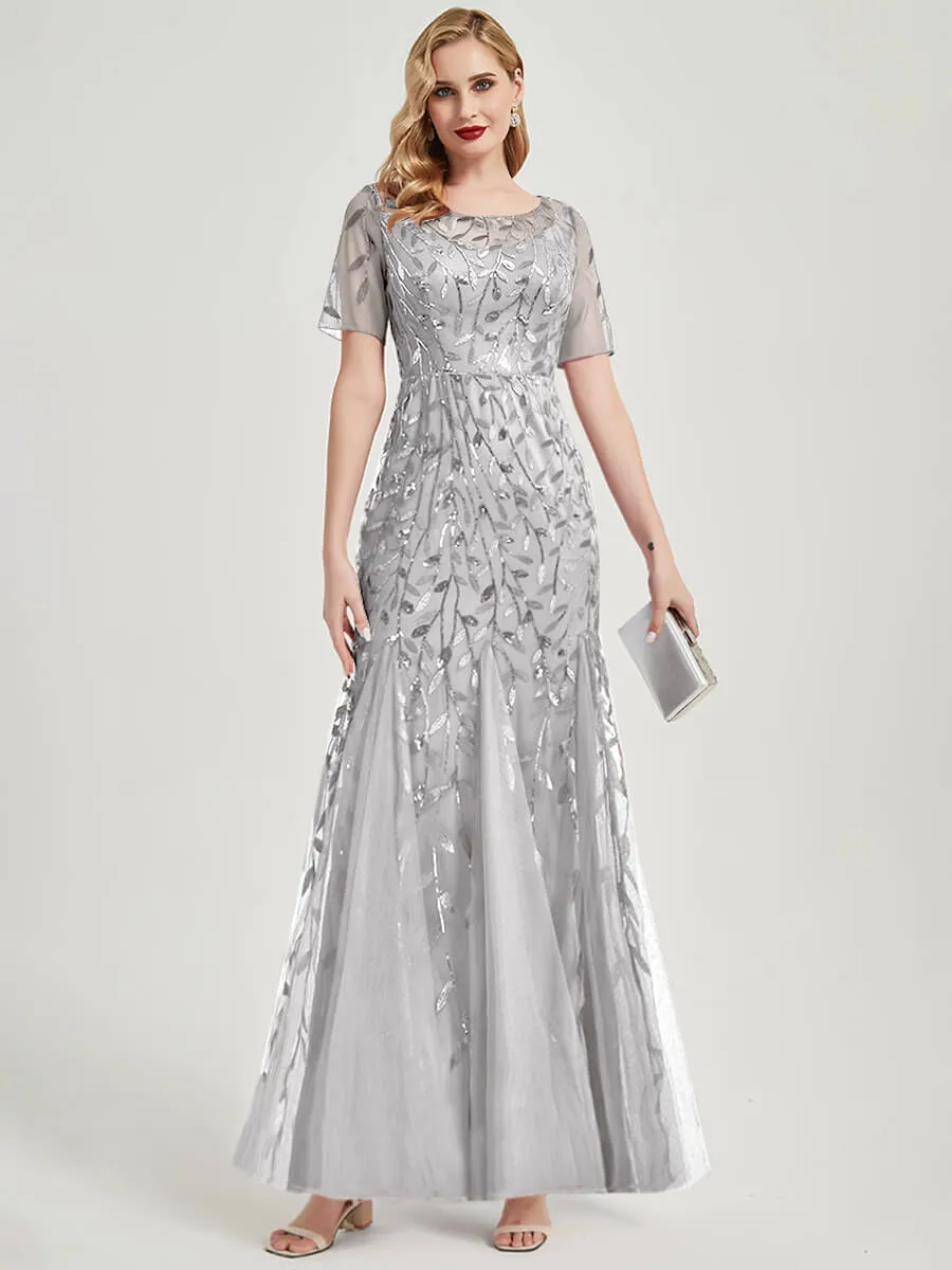 [Final Sale] Silver Grey Sheer Sleeve Floor Length Sequin Tulle Mermaid Party Dress