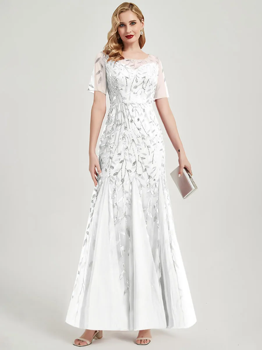 [Final Sale] White Sheer Sleeves Floor Length Sequin Tulle Mermaid Evening Dresses