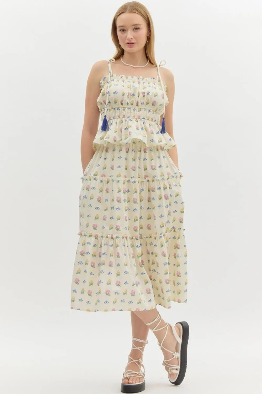 Floral Shoulder Tasseled Tied Top {Cream}