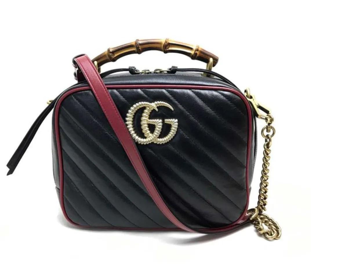 Gucci Black Matelassé Leather GG Marmont Bamboo Small Bag