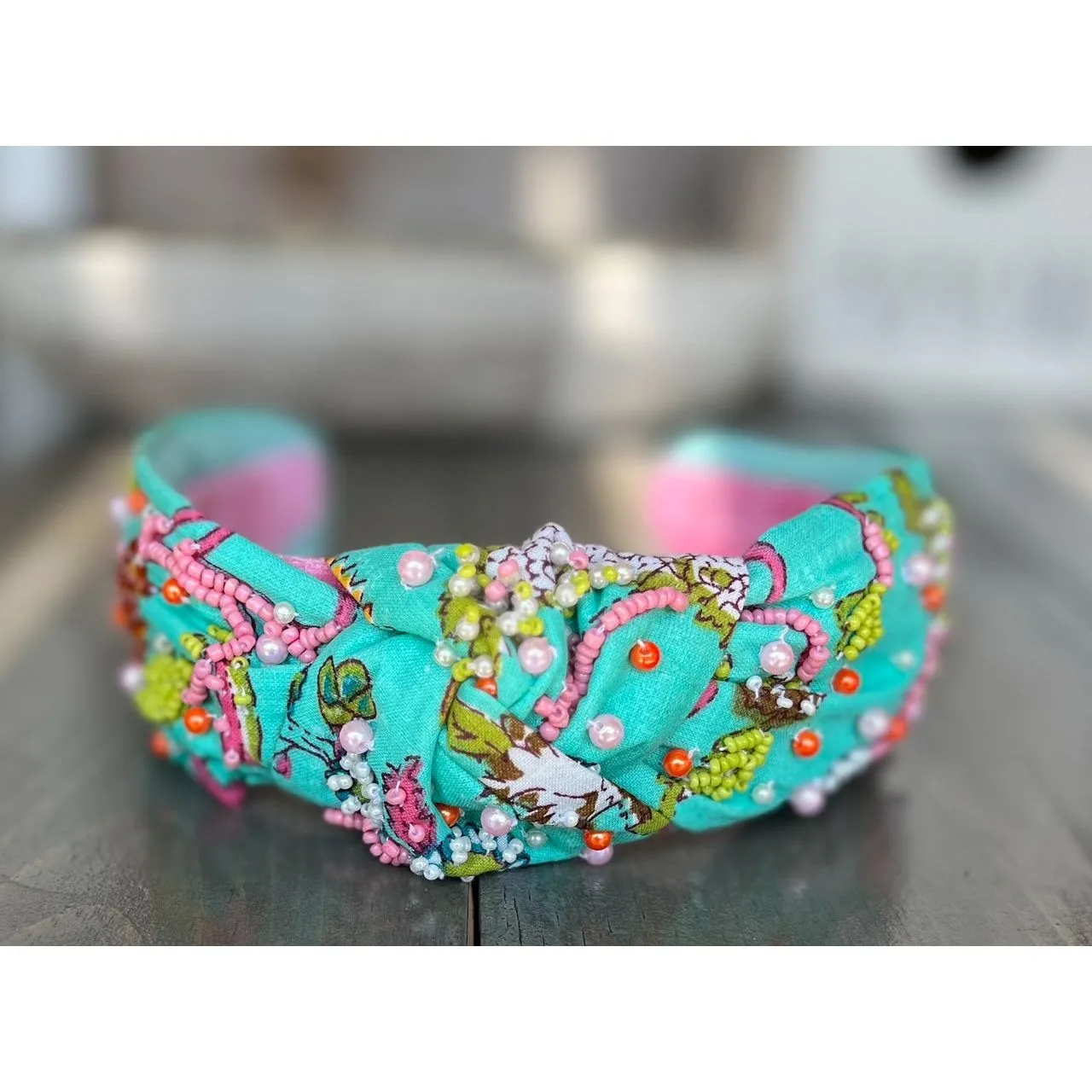 Lilly Aqua Floral Top Knot Seed Beaded Headband