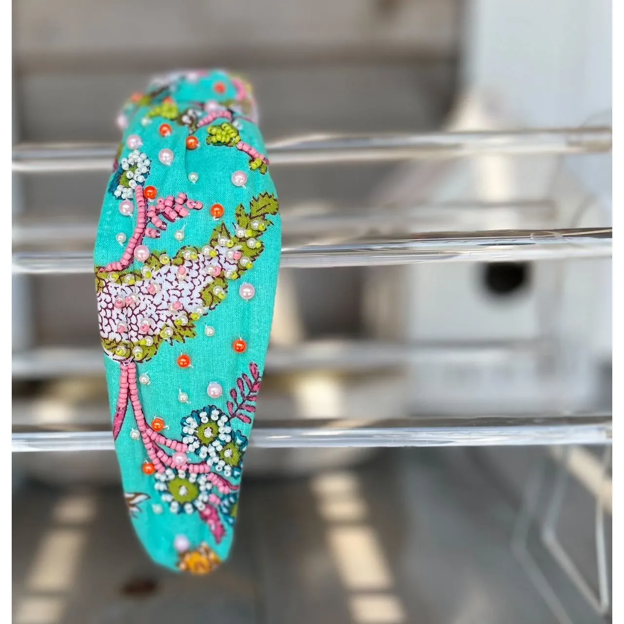 Lilly Aqua Floral Top Knot Seed Beaded Headband