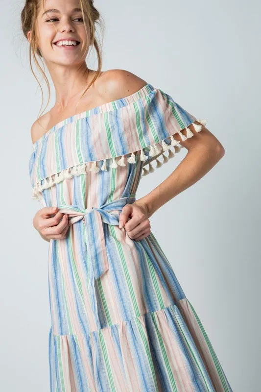 OFF THE SHOULDER TASSEL MIDI DRESS