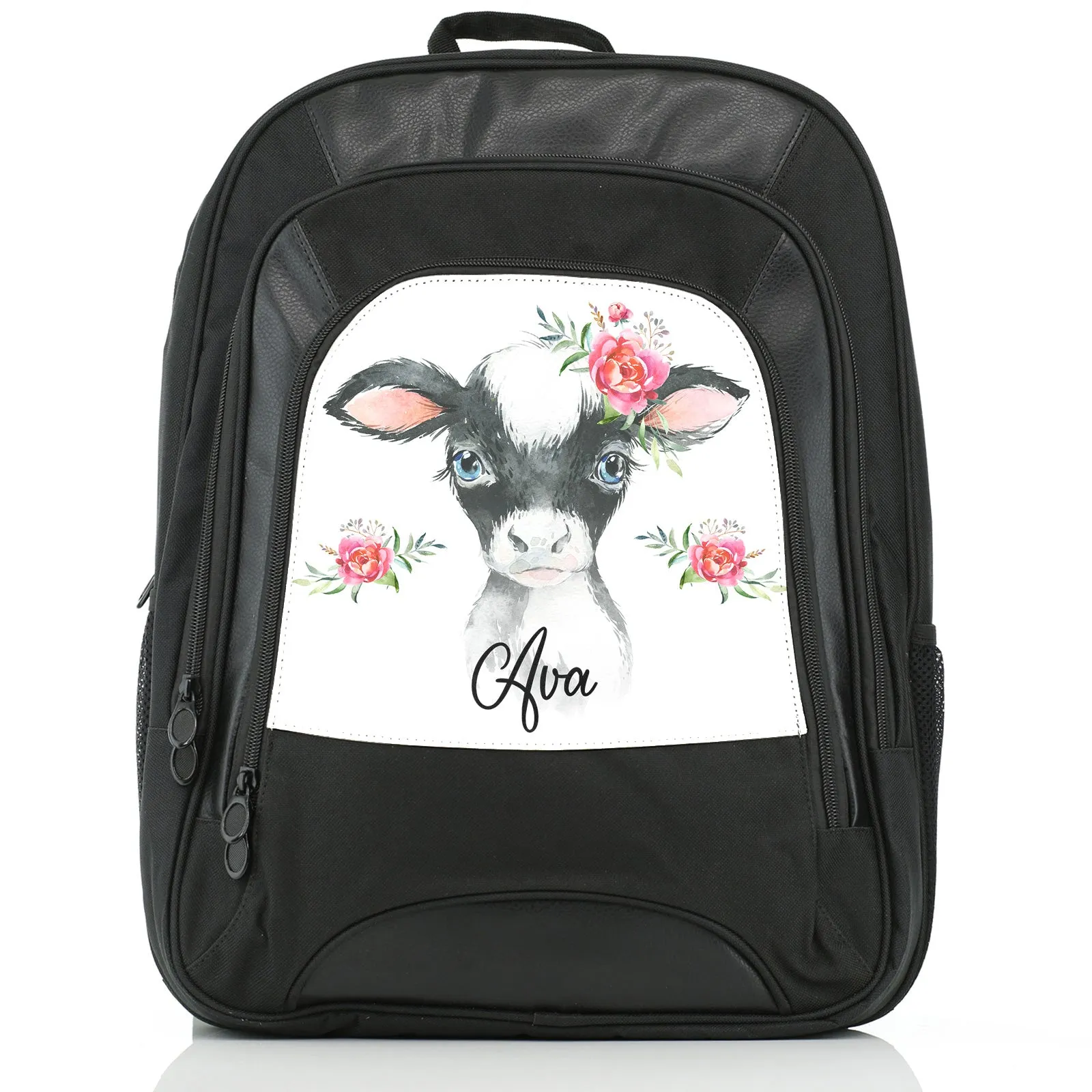 Personalised Rucksack with Black and White Cow Pink Rose Flowers and Cute Text