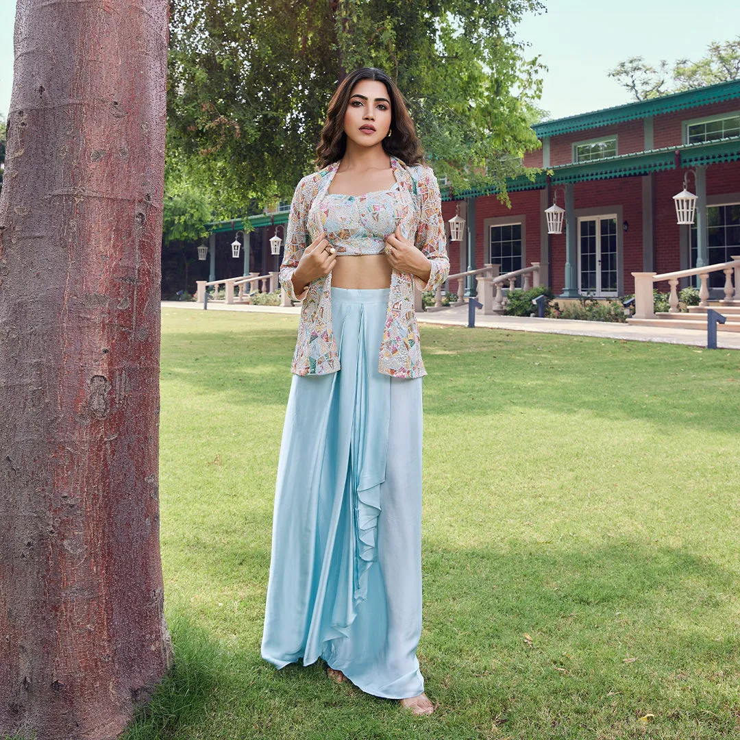 Powder Blue Skirt with Sequined Jacket and Blouse