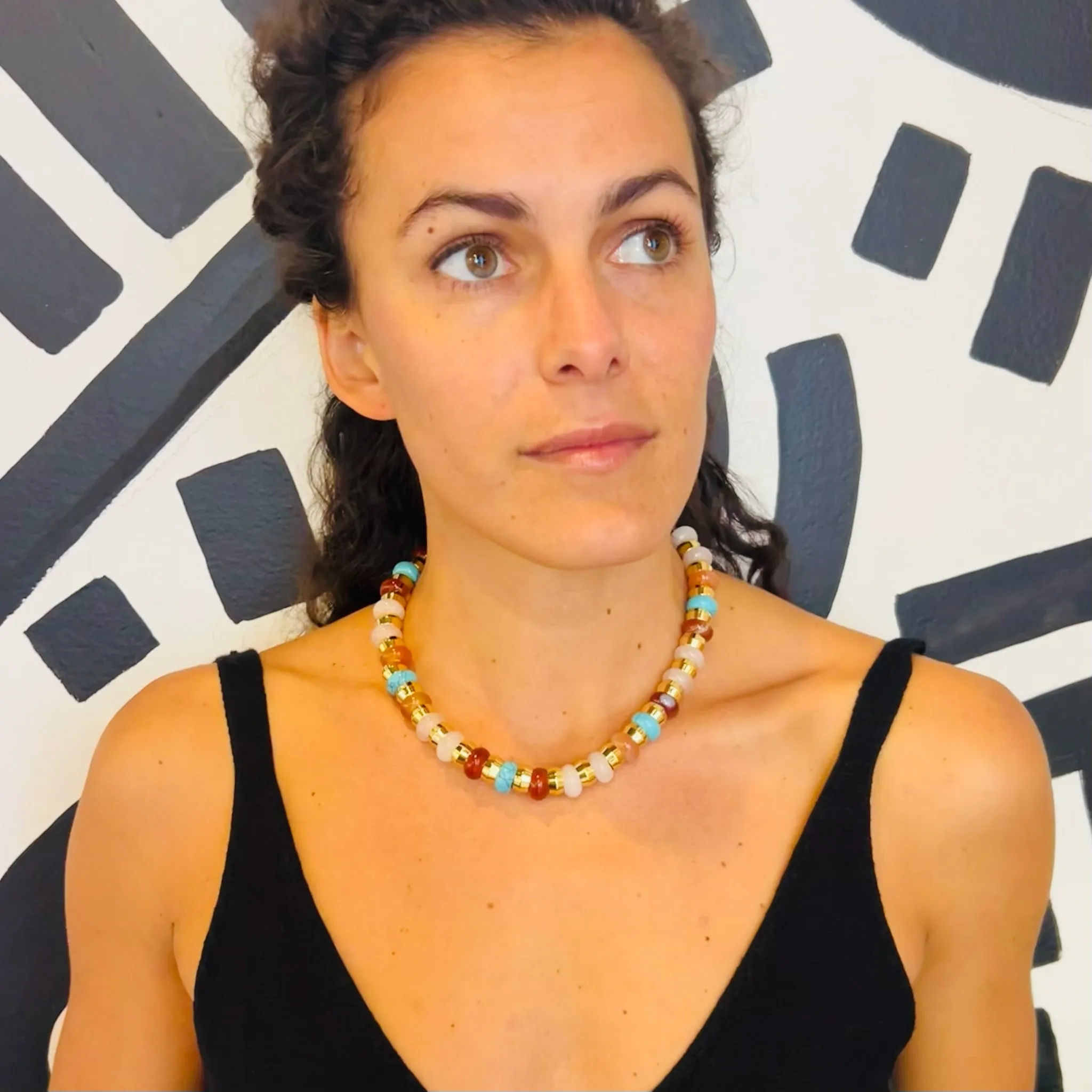 Semi-Precious Necklace Red Aventurine, Opalite and Turquoise