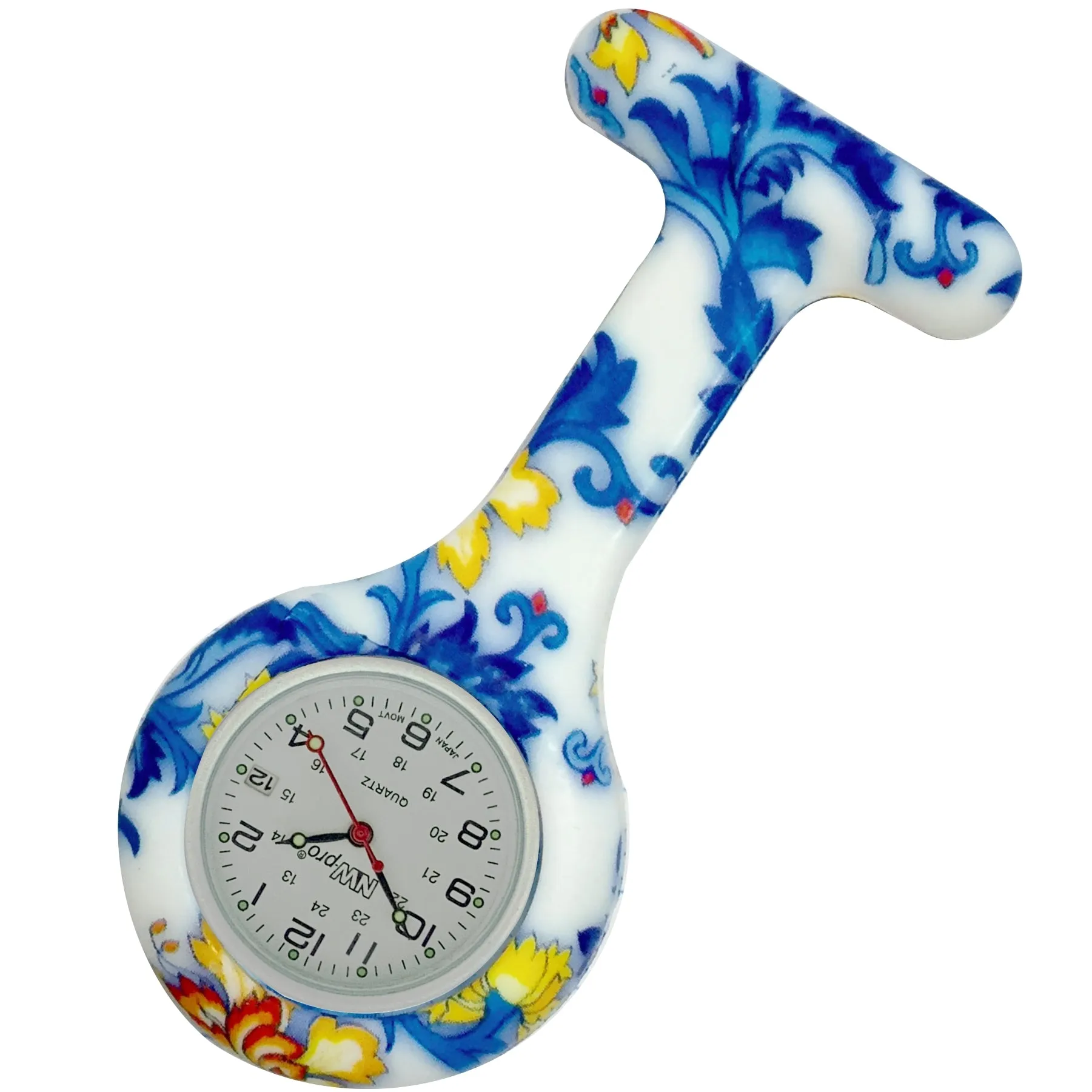 Silicone Pin-on Nurse Watch - Floral Pattern - White Date Dial