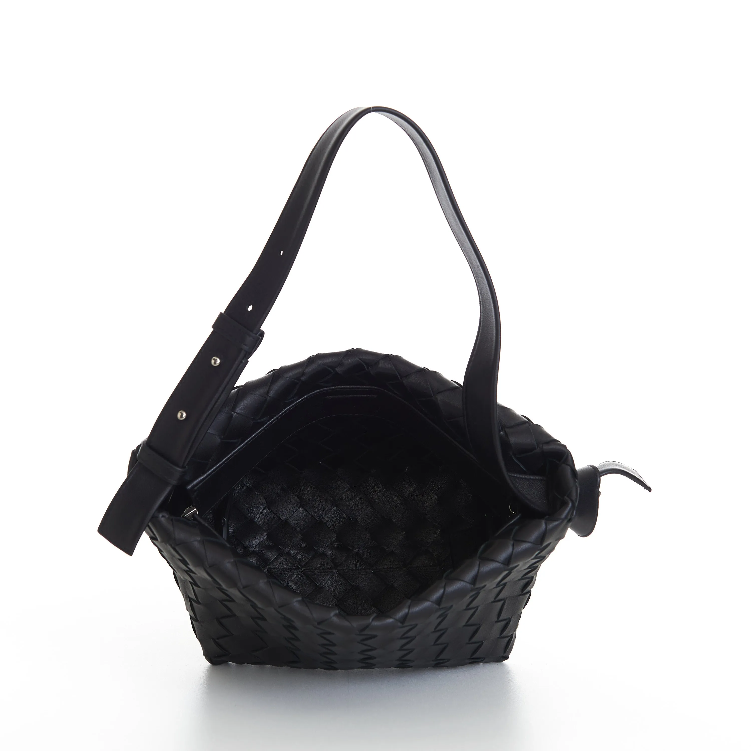 Small Tie Shoulder Bag In Black Intrecciato Leather