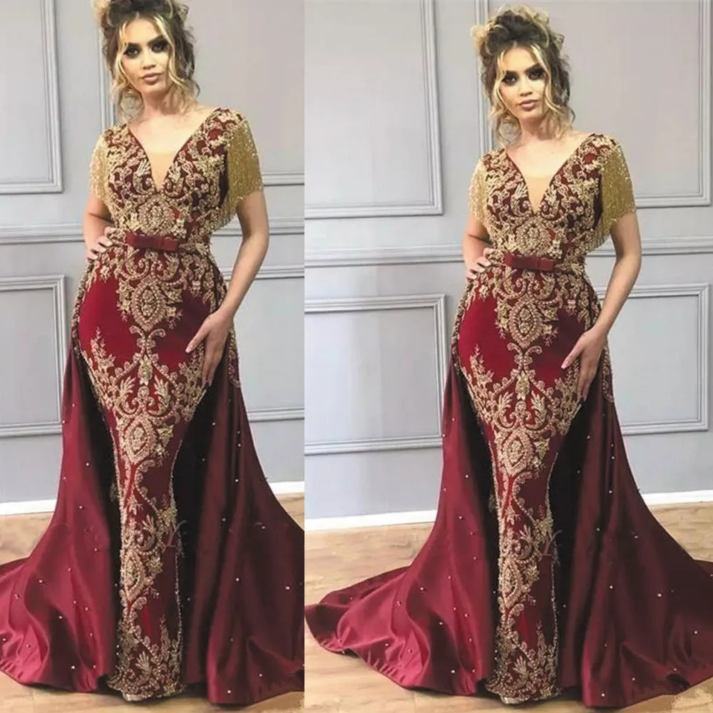 tassel prom dresses with detachable skirt vintage Burgundy lace appliqué beaded luxury prom gowns