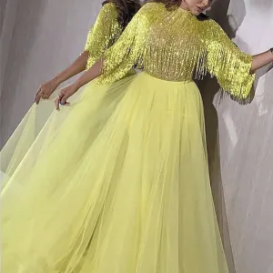 tassel prom dresses yellow high neck sparkly beaded elegant a line arabic prom gown