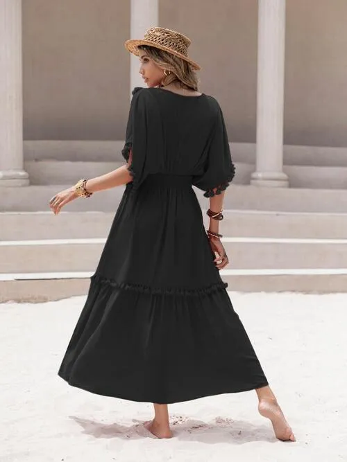 Tassel Trim Smocked V-Neck Short Sleeve Dress (7 Colors)
