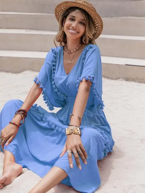 Tassel Trim Smocked V-Neck Short Sleeve Dress (7 Colors)