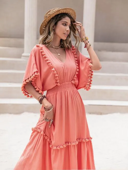 Tassel Trim Smocked V-Neck Short Sleeve Dress (7 Colors)