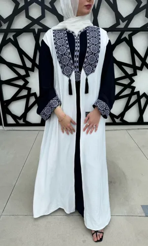 Tassle Embroidered Abaya - Navy/White