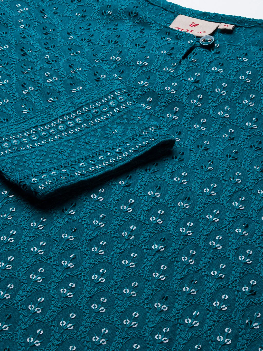 Teal Rayon Keyhole Neck 3/4th Sleeves Chikankari Embroidery Ethnic Wear Kurta For Women - ZOLA