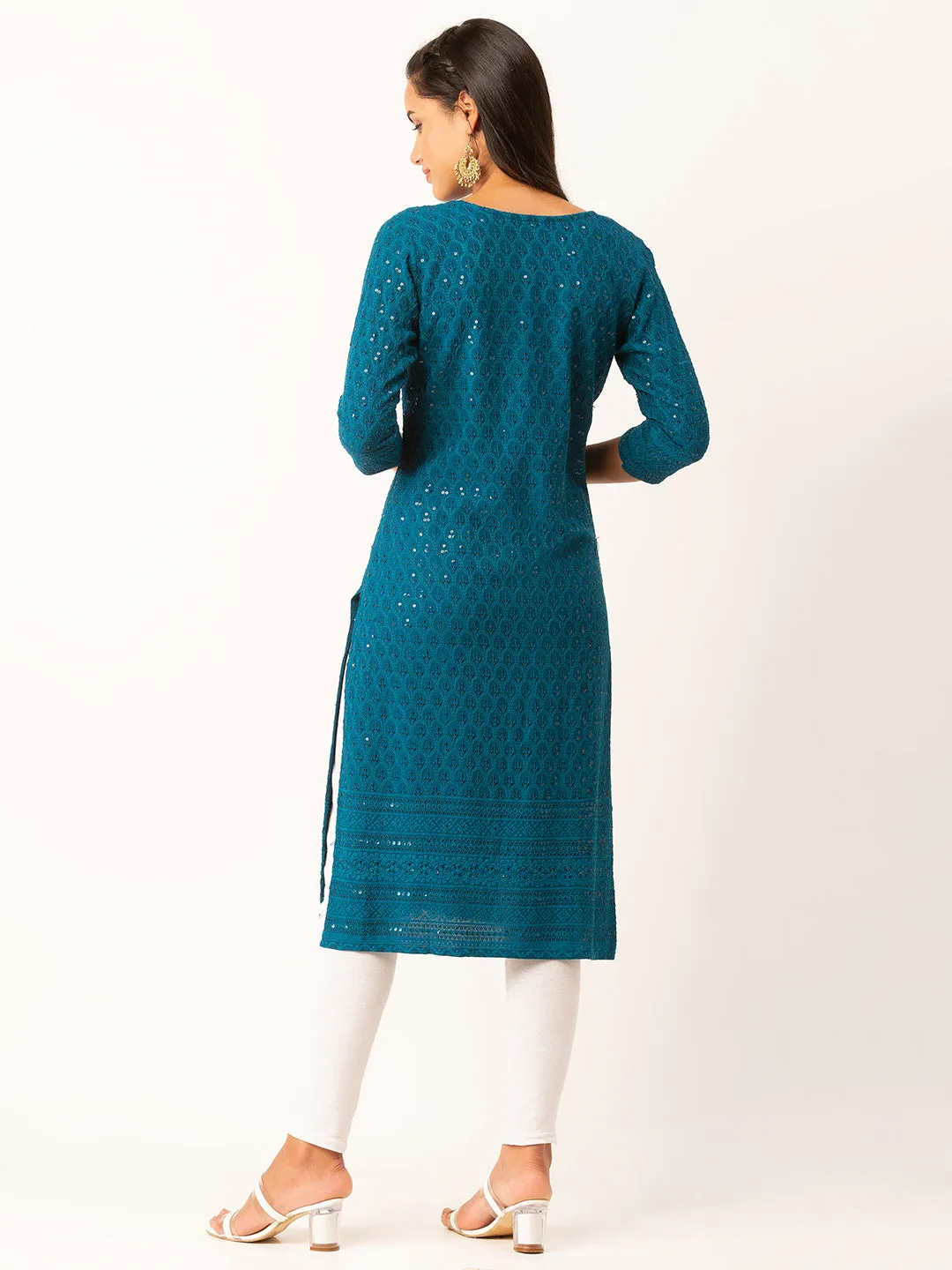 Teal Rayon Keyhole Neck 3/4th Sleeves Chikankari Embroidery Ethnic Wear Kurta For Women - ZOLA