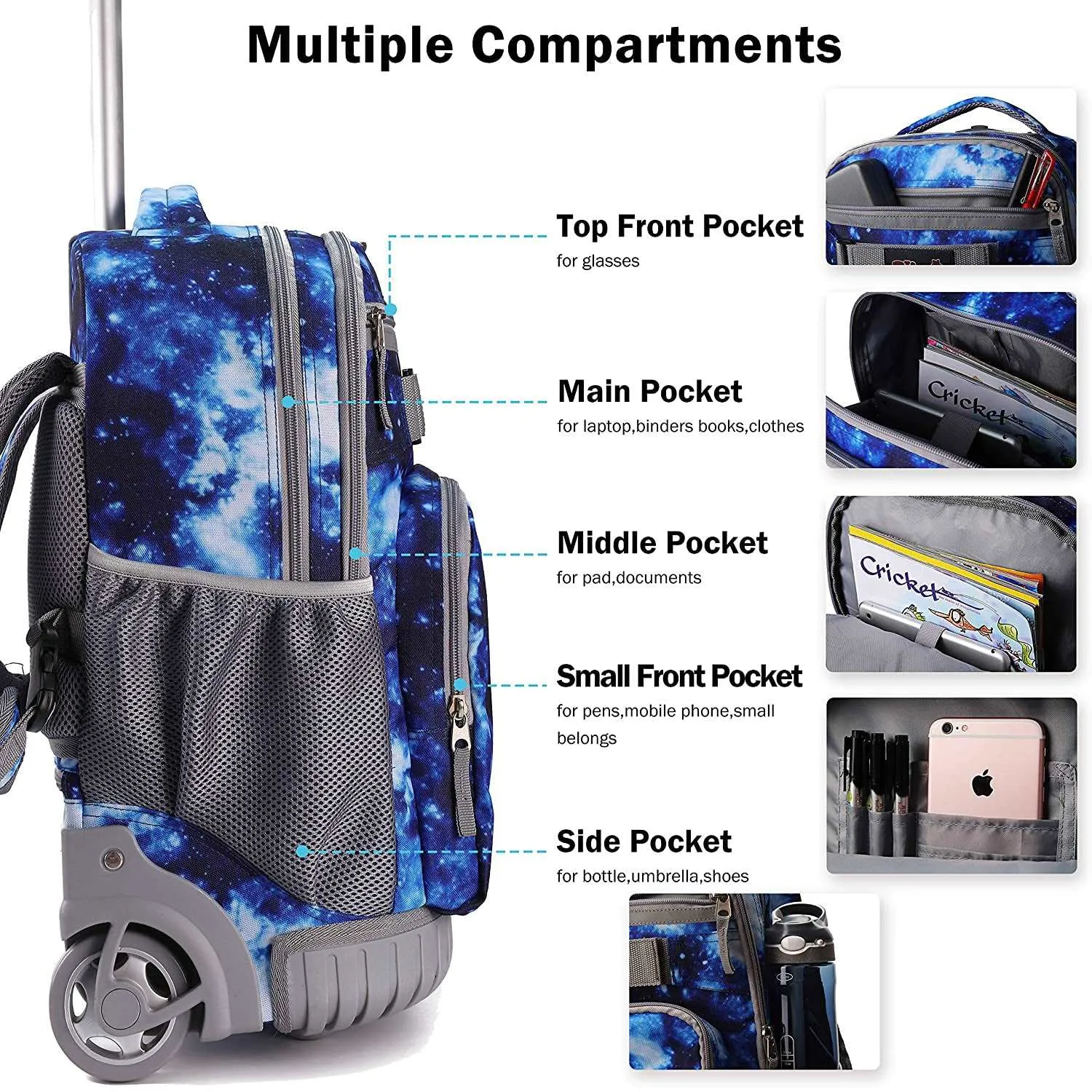 Tilami Blue Galaxy 19 inch Kids Rolling Backpack with Lunch Box