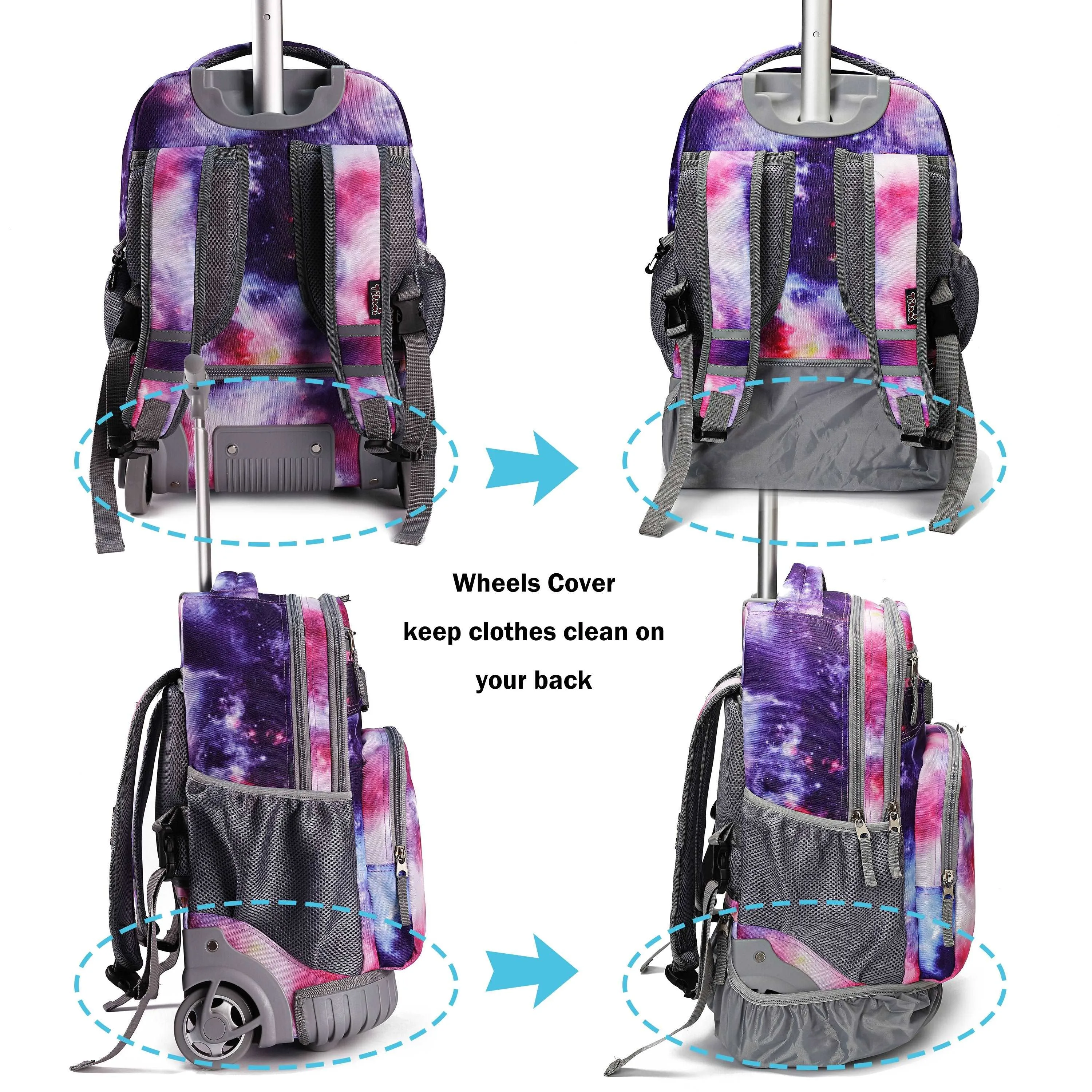 Tilami Purple Galaxy 18 inch Rolling Backpack for Kids