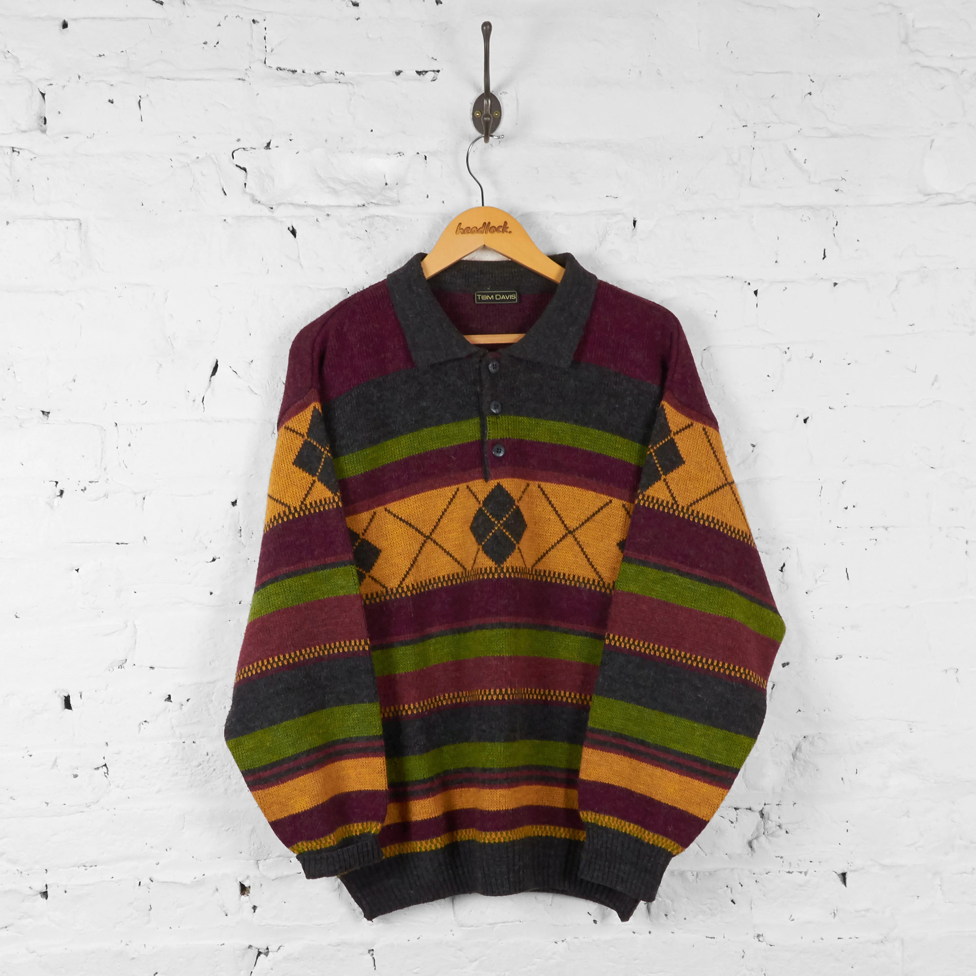 Vintage Collared Patterned Jumper - Multi Colour - L