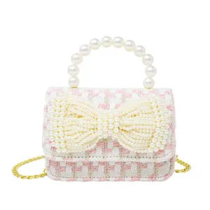 Zomi Gems Tweed Pearl Bow Handle Purse- Pink